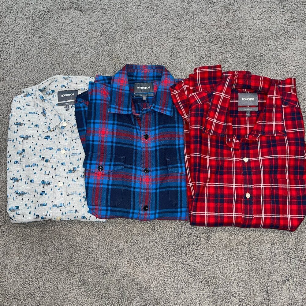 Bonobos Lot of 3 Cotton/Flannel Men's Large Slim Fit Shirts - Excel. Condition